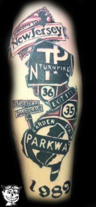 Amazing NJ tattoo. #ilovenj Broadway Tattoos, Jersey Tattoo, All Star Tattoo, New Jersey Tattoo, Police Tattoo, Mother And Son Tattoo, State Tattoos, Filipino Tattoos, Son Tattoo