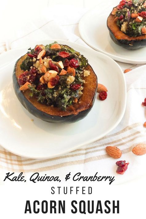 Kale, Quinoa, and Cranberry Stuffed Acorn Squash via Chef Julie Harrington, RD @ChefJulie_RD #cranberry #acornsquash #quinoa #vegetarian #squash Loaded Recipes, Quinoa Stuffed Acorn Squash, Kale Quinoa, Stuffed Acorn Squash, Acorn Squash Recipes, Wfpb Recipes, Meatless Mondays, Christmas Foods, Vegan Burgers