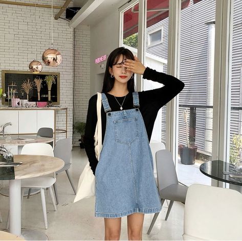 Denim Jumper Dress Outfit, Denim Overall Dress Outfit, Jumper Dress Outfit, Retro Hong Kong, Denim Dress Outfit, Dress Over Pants, Denim Jumper Dress, Overall Skirt, Overalls Outfit