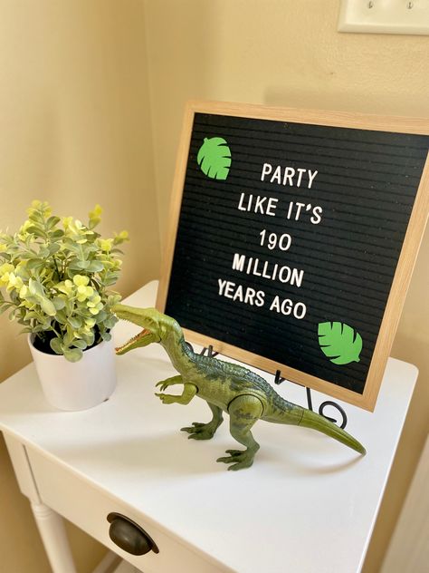 Dino Fourth Birthday Party, Dino Birthday Sign, Fifth Birthday Dinosaur, Six A Saurus, Dinosaur Fifth Birthday Party, Dinosaur Party Letter Board, Unique Dinosaur Party Ideas, Dino Adoption Party, Sweet 16 Dinosaur Party