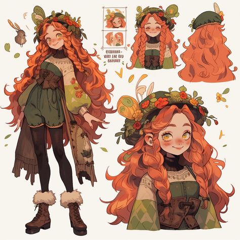 Cottagecore Dnd Character, Oc Character Design Sheet, Autumn Character Design, Fall Character Design, Herbalist Character Design, Oc Sketches Character Design, Orange Character Design, Cottagecore Character Design, Red Hair Character Design