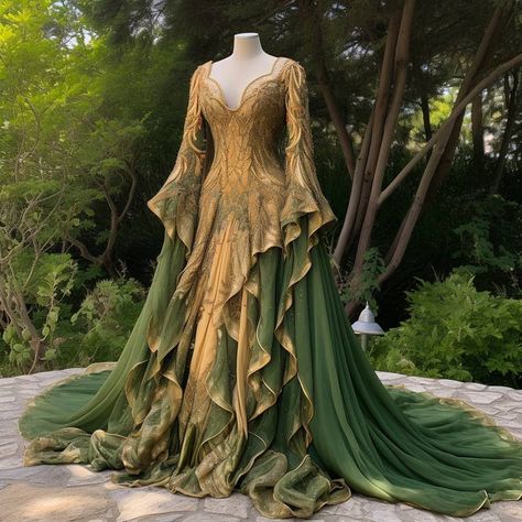 AI Generated Gowns Based On Books The Hobbit Clothes, Hobbit Clothing, Hobbit Dress, Twilight Dress, Whimsical Clothing, Forest Clothing, Elven Queen, Wizard Robes, Elven Princess