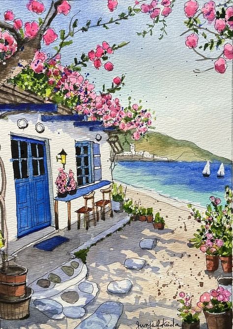 Greece Watercolour Painting, Beach House Watercolor, Drawing Beach Ideas, Watercolour Inspiration Aesthetic, Happy Place Drawing, Aesthetic Watercolor Art Ideas, Urban Sketching Watercolors, Beach House Drawing, Greece Sketch