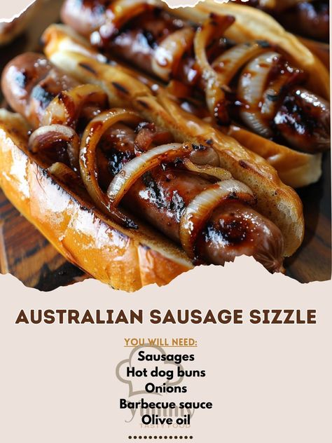 🌟 Experience the classic Australian Sausage Sizzle! 🌭✨ #AustralianFood #SausageSizzle Australian Sausage Sizzle Ingredients: Sausages (6) Hot dog buns (6) Onions (2, sliced) Barbecue sauce (1/2 cup) Olive oil (2 tbsp) Salt and pepper (to taste) Instructions: Cook sausages on a barbecue grill until done. Sauté onions in olive oil until caramelized. Place sausages in buns, top with onions and barbecue sauce. Season with salt and pepper. 🌟 Perfect for a weekend barbecue or picnic! #RecipeIns... Sausage Sizzle, Sauté Onions, Australian Food, Party Plan, How To Cook Sausage, Saute Onions, Barbecue Sauce, Barbecue Grill, Hot Dog Buns