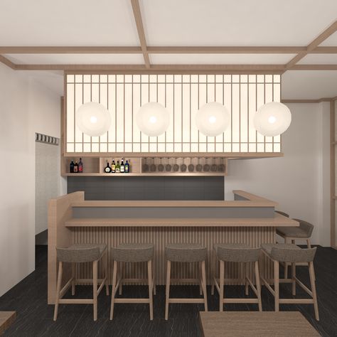 JAPANESE BAR on Behance Sushi Counter Design, Japanese Bar Aesthetic, Japanese Kiosk, Sushi Bar Design Ideas, Japanese Bar Design, Japanese Cafe Design, Japanese Counter, Restaurant Booth Design, Sushi Bar Design