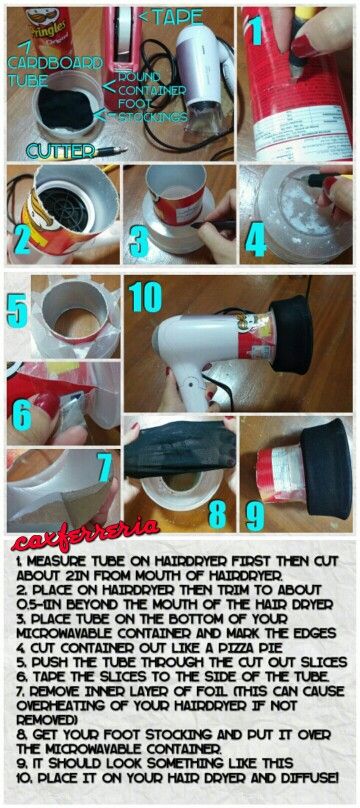 DIY HAIR DRYER DIFFUSER. . . Since they don't sell diffusers separate from hair dryers in my country, and ordering online would cost a fortune on shipping, I searched how diffusers look and work and decided to make my own.    Notes: *I used cardboard type tubes so they dont cause overheating of your hair dryer *I used a microwavable plastic container so it can take the heat *Made sure the tube was cut only 0.75in from mouth of the dryer to be able to diffuse properly *Removed the inner foil pape Diy Hair Diffuser Attachment, Diy Diffuser Hair Dryer, Diy Hair Diffuser, Diffuser Hair, Diy Diffuser, Best Affordable Hair Dryer, Hair Dryer Brands, Diffuser Diy, Hair Dryer Diffuser