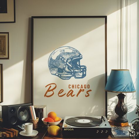 Introducing our Minimalist Chicago Bears Wall Art featuring a sleek design of a helmet! This is a perfect piece for any office, man cave or sports bar! --- ☞ More Activity & Place prints: https://www.etsy.com/au/shop/FunkyWallsStudio?ref=seller-platform-mcnav&section_id=48514629 DIGITAL FILE SIZES INCLUDED: 8x10, 12x16, 16x20, 18x24, 20x30, 24x36 ( can be resized further). ☞ After purchasing this artwork you will immediately receive your DOWNLOAD links on your invoice and via your confirmation e Mancave Wall Art, Sports Gallery Wall Man Caves, Sports Themed Living Room, Chicago Bears Bedroom Ideas, Mens Room Aesthetic, Basement Artwork, Teen Boy Wall Decor, Mens House Decor, Guys Apartment Decor