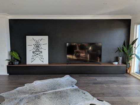 Black TV Entertainment Unit with Timber Top Tv Cabinet Wall Design, Tv Entertainment Unit, Floating Tv Unit, Tv Unit Decor, Entertainment Units, Living Room Tv Unit, Tv Entertainment Units, Tv Units, Tv Wall Design