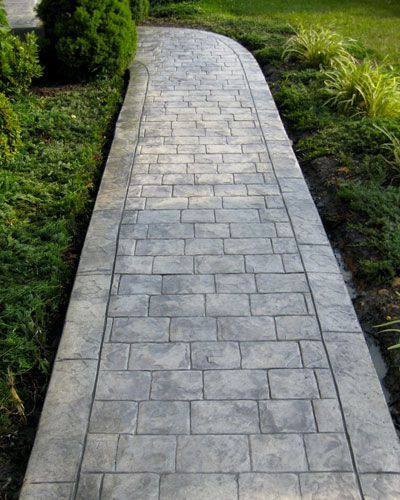 Pathway Design, Stamped Concrete Patterns, Stamped Concrete Walkway, Front Yard Walkway, Stamped Concrete Driveway, Walkway Landscaping, Concrete Patio Designs, Concrete Patios, Front Walk