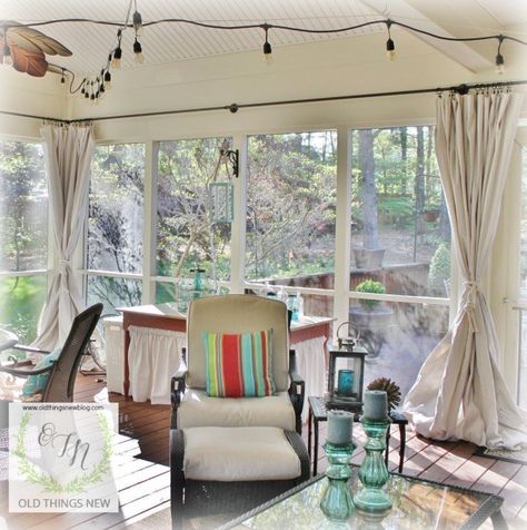 Farmhouse Bathroom Window, Porch Shades, Bathroom Window Curtains, Cloth Curtains, Porch Curtains, Porch Windows, Cheap Pergola, Pergola Swing, Bathroom Window