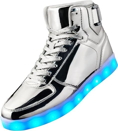 Amazon.com | DIYJTS Unisex LED Light Up Shoes, Fashion High Top LED Sneakers USB Rechargeable Glowing Luminous Shoes for Men, Women, Teens Silver | Fashion Sneakers High-top Sneakers With Reflective Details For Light Sports, White Reflective Lace-up High-top Sneakers, Shoes Led Lights, Futuristic Sneakers With Lights, Led Shoes For Kids, Light Up Sneakers, Led Shoes, Light Up Shoes, Air Jordan Shoes