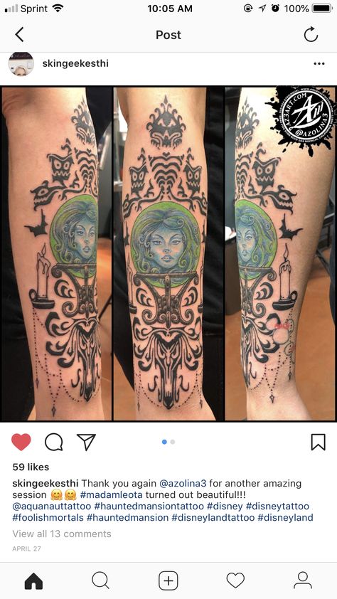 Haunted Mansion Tattoo Sleeve, Haunted Mansion Wallpaper Tattoo, The Haunted Mansion Tattoo, Madam Leota Tattoo, Haunted Mansion Tattoos, Madame Leota Tattoo, Haunted Mansion Makeup, Disney Haunted Mansion Tattoo, Haunted Mansion Nails