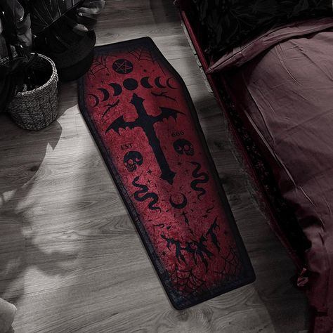 PRICES MAY VARY. Spooky Elegance: Add a touch dark glamour to your home with this coffin-shaped rug. Its gothic design and rich colors create an eerie atmosphere that perfectly captures the spirit of Halloween. Soft and Comfortable: Made from premium materials, this carpet offers a plush and cozy feel underfoot. It provides a comfortable surface for lounging or walking, making it ideal for both decorative and practical purposes. Non-Slip Design: Safety is paramount, especially during festive gat Living Room Halloween, Dungeons And Dragons Decor, Gothic Coffin, Halloween Living Room, Witch Style, Halloween Bedroom Decor, Dungeons And Dragons Figures, Carpets For Living Room, Dungeon Master Screen