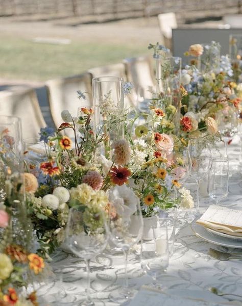 Midsummer Dream Wedding, May Wedding Decor Ideas, Spring Wedding Table Florals, Garden Wedding Dinner Table, Table Setting Long Table, Early May Wedding, Spring Garden Wedding Tablescape, Wedding Reception One Big Table, Wildflower Long Table Wedding