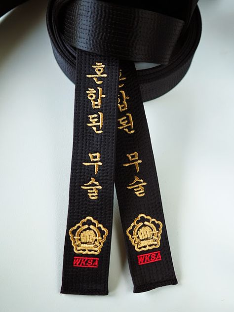 WSKA satin black belts. Thunder Mixed Martial Arts in Korean gungsu. Embroidery thread color is Metallic Gold and Red. #Kataaro #MMA #BlackBelt Arts Aesthetic, Martial Arts Belt, Black Belt Martial Arts, Black Belt Karate, Korean Martial Arts, Martial Arts Belts, Tang Soo Do, Martial Art Uniform, Nice Belts