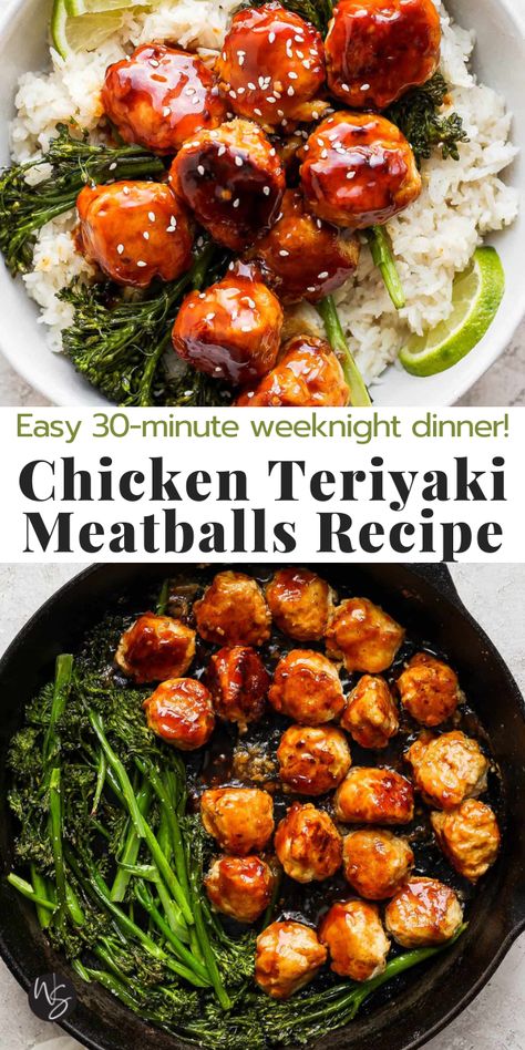 Chicken Teriyaki Meatballs - a quick and easy recipe for baked chicken teriyaki meatballs that is packed with so many amazing flavors! Perfect for a quick 30-minute weeknight dinner! It's Serve with our delicious homemade teriyaki sauce. This recipe is gluten-free and dairy-free. Quick Healthy Asian Dinner, Teriyaki Chicken Balls, Chicken Meatballs Teriyaki, Teriyaki Meatball Meal Prep, Gluten Free Teriyaki Meatballs, Honey Chicken Meatballs, Healthy Teriyaki Meatballs, Terriaki Meatball Recipes, Asian Dinner Recipes Chicken