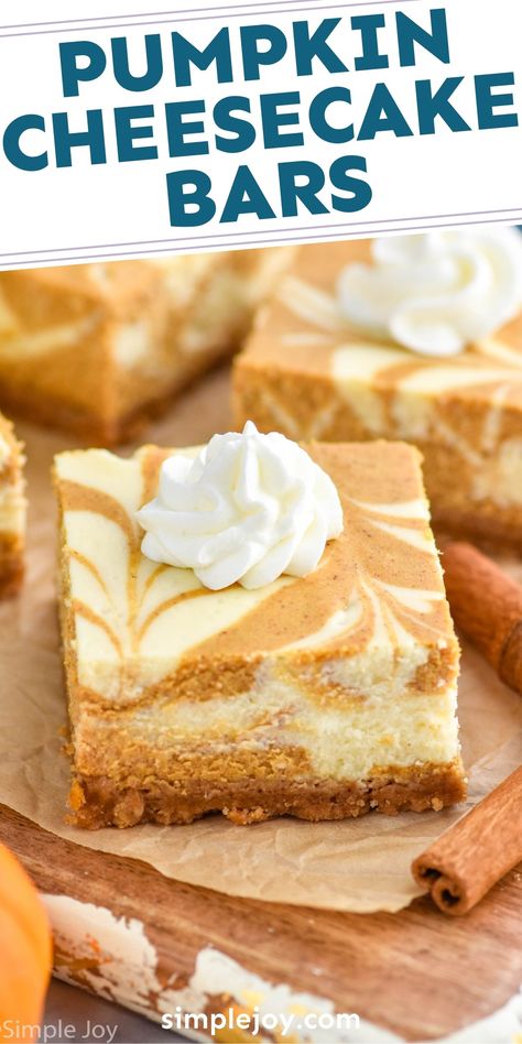 Pumpkin Cheesecake Bars are the perfect dessert. These delightful swirled pumpkin bars will be easy for even the beginning baker. Pumpkin Bars Cheesecake, Cheesecake Bars Pumpkin, Pumpkin Bars With Applesauce, Mini Pumpkin Desserts Easy, Pumpkin Cheesecake Squares Bar Recipes, Best Pumpkin Cheesecake Bars, Mini Pumpkin Swirl Cheesecake, Pumpkin Cheesecake Swirl Bars, Carrot Cheesecake Bars