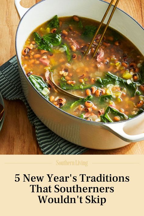 If anything, we believe in starting the New Year off on a high note, and if it takes adhering to age-old traditions to do that, ladle us a bowl of collards and call us superstitious. New Year's Eve and New Year's Day are full of opportunities to bring on good luck, ward off ill will, and kick off the year with blessings and fortune to come. You just have to know what to do—and not to do. #holiday #traditions #newyears #southern #culture #holidaytraditions Southern Nye Dinner, Southern New Years Traditions, New Years Day Traditional Food, New Year's Day Traditions, New Year’s Day Dinner Good Luck, New Years Dinner Traditional Good Luck, Traditional Southern New Years Day Meal, New Years Day Recipes Good Luck, New Years Day Food Good Luck