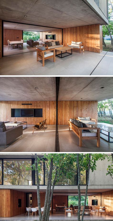 The Bottom Floor Of This Concrete And Wood House Is Almost Completely Open To The Outside Concrete And Wood House, Concrete Ceiling Design, Concrete Wood Interior, Concrete And Wood, Alfresco Dining Area, Concrete Interiors, Concrete Ceiling, Wood And Concrete, Concrete Houses