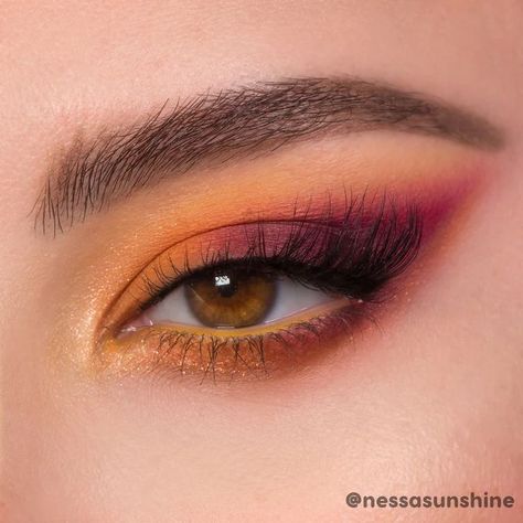 80s Orange Makeup, Simple Orange Eye Makeup, Color Pop Eyeshadow Looks, Yellow Makeup Looks, Scar Makeup, Warm Eyeshadow, Eyeshadow Designs, Colourpop Eyeshadow, Bold Eye Makeup