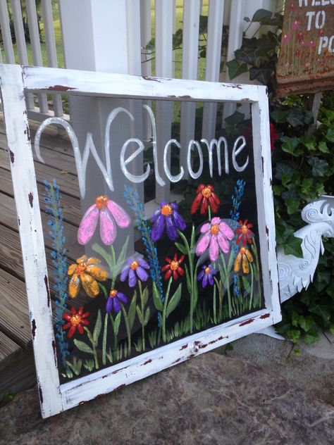 Cottage screen painted by artist Tammy Wheeler. Funny Garden Signs, Old Window Projects, Repurposed Windows, Window Crafts, Window Projects, Screen Painting, Flowers Painted, Old Windows, Window Pane