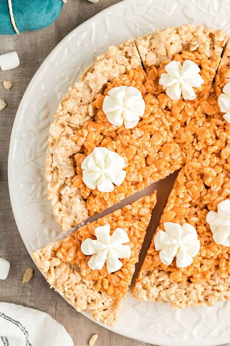 Pumpkin Pie Rice Krispie Treats - Shugary Sweets Turkey Rice Krispie Treats, Pumpkin Rice Krispies, Delicious Thanksgiving Desserts, Easter Rice Krispie Treats, Homemade Rice Krispies Treats, Pumpkin Pie Spice Mix, Pecan Cheesecake, Shugary Sweets, Toffee Recipe