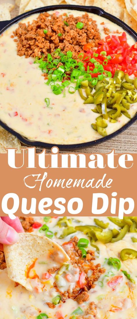 Make any party unforgettably delicious when you serve this Ultimate Queso Dip! It’s a mouthwatering combination of layers of rich, homemade queso, flavored refried beans, chorizo, and vegetables. You can also adjust this fully loaded queso dip to include the toppings of your choice. Loaded Queso Dip, Loaded Queso, Cheesy Queso Dip, Homemade Queso, Spicy Queso, Beef Dip, Queso Dip Recipes, Delicious Dips Recipes, Queso Dip