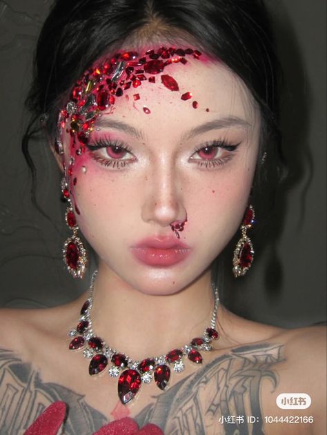 Red Jewel Makeup, Gems In Hair, Blood Makeup, Rhinestone Makeup, Graphic Makeup, Theatrical Makeup, Ethereal Makeup, Red Makeup, Fancy Makeup