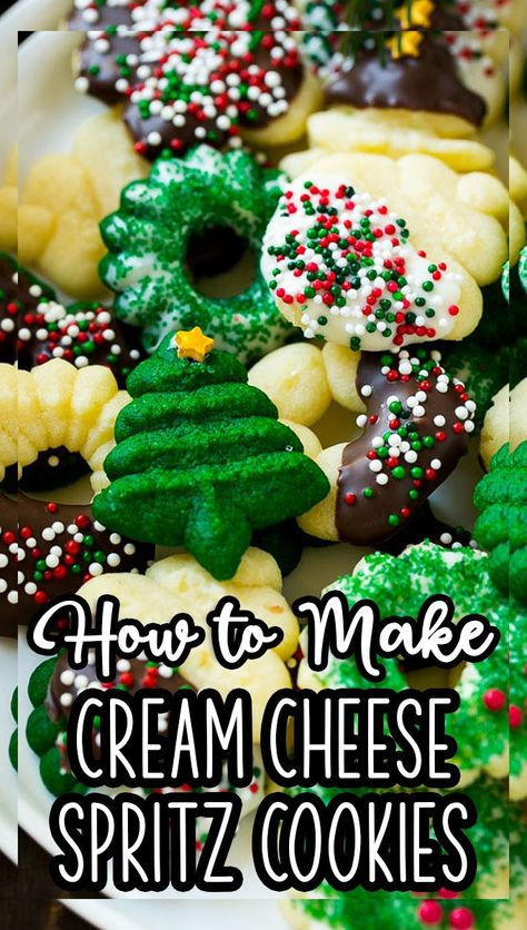 Cream Cheese Spritz Cookie Recipe, Best Spritz Cookie Recipe, Cream Cheese Spritz, Cream Cheese Spritz Cookies, Cookie Press Recipes, Christmas Spritz Cookies, Spritz Cookie, Spritz Cookie Recipe, Christmas Cookie Recipes Holiday