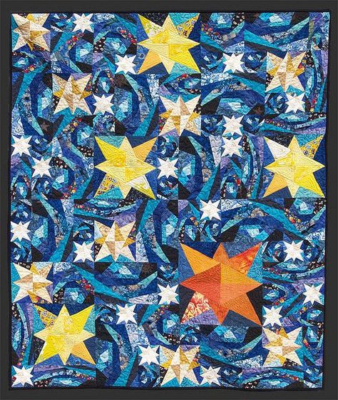 Beautiful "Stars" quilt by Mirvia Aranda (June, 2009). Starry Night Quilt, Quilted Stars, Quirky Quilts, Edward Tulane, Space Quilt, Sky Quilt, Moon Quilt, Improv Quilts, Patchwork Ideas