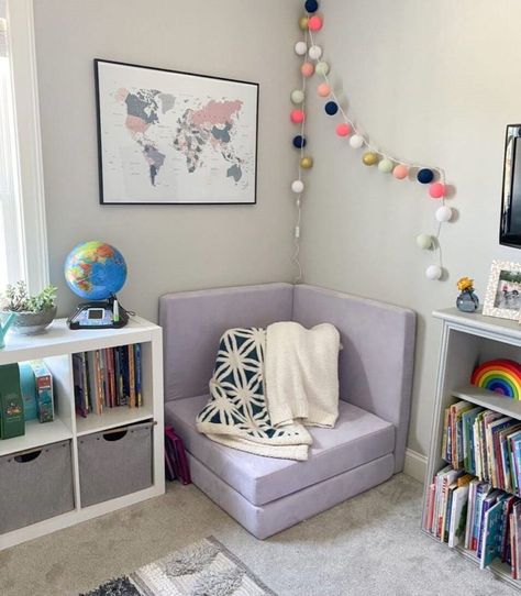 Reading Corner Playroom Ideas, Nugget Couch Corner, Play Couch Reading Nook, Nugget Couch Corner Ideas, Nugget Corner Couch, Nugget Couch Bedroom, Nugget Room Ideas, Playing Corner In Living Room, Nugget Couch Reading Corner