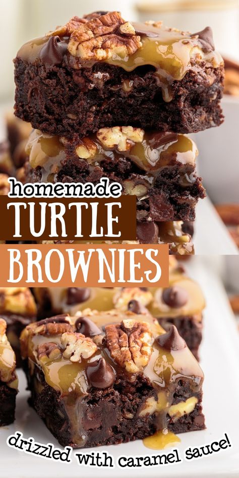 Turtle Brownies What Can You Make With Box Brownies, Turtle Brownie Recipes, Turtle Brownies With Brownie Box Mix Recipe, Bake Auction Ideas Desserts, Better Than Anything Brownies, Brownie Based Desserts, Turtle Brownies From Scratch, Unique Brownie Flavors, Brownie Variation Recipes