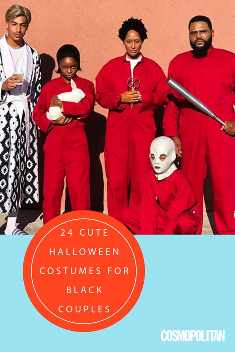 From pun costumes to pop culture ones and everything in between, there are a lot of avenues you can take—some easy while others might require some DIY work. Keep scrolling for some Halloween costume ideas for Black couples, and if you want to look through even more photos here are costume ideas for Black women, for groups of friends, and for people who love a laugh. Black Family Halloween Costumes For 4, Black Family Costume Ideas, Us Movie Costume, Black Man Halloween Costume, Black Men Costumes Halloween, Black Men Halloween Costumes, Black Family Halloween Costumes, Black Men Halloween Costumes Ideas, Halloween Costumes Black Men