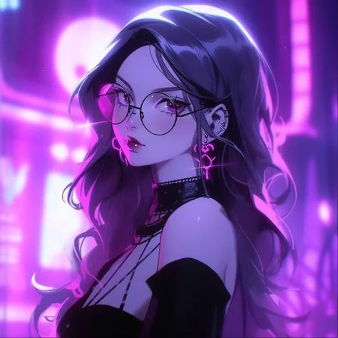 "Caught between adventures, embracing every twist and turn."💜💜💜💜 Purple Hair Anime Pfp, Purple Anime Pfp, Purple Hair Anime, Girl With Purple Hair, Purple Hair Highlights, Anime Purple Hair, Woman With Glasses, Abstract Pencil Drawings, Purple Girl