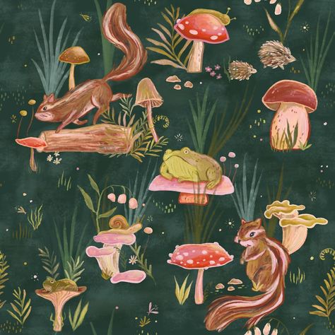 Forest Floor Magic - illustration, repeat pattern. Chipmunks, toads, snails, slugs, hedgehogs, mushrooms, and botanical elements. Forest Biome, Magic Illustration, Botanical Elements, Biome, Forest Floor, Sketchbook Pages, Design Challenge, Wallpaper Size, Repeat Pattern