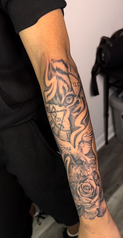 Clock And Clouds Tattoo, First Forearm Tattoo Ideas Men, Hand Sleeve Tattoos For Guys, Half Sleeve Tattoo For Men Forearm, Arm Sleeve Tattoos For Men Ideas, Mens Arm Tattoos Forearm, Outer Arm Tattoo Men, Mens Half Sleeve Tattoo Forearm, Tattoos Designs Men