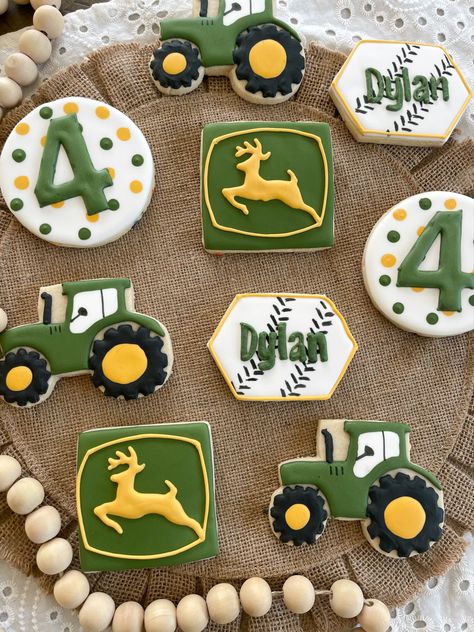 Decorated sugar cookies tractor theme Tractor Theme Cupcakes, Tractor Birthday Party Cookies, Tractor Birthday Decorations, Tractor Birthday Theme, Tractor Birthday Cookies, Tractor Cookies Decorated, Tractor Theme 2nd Birthday Party, Tractor First Birthday Party, Tractor Sugar Cookies