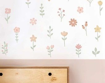 Flower Wall Decals For Girls Room, Flower Accent Wall Bedroom, Wall Painting Flowers Simple, Floral Wall Mural Painting, Flower Painted Wall, Wall Painting Flowers, Floral Wall Stencil, Kids Wall Stickers, Baby Room Decals