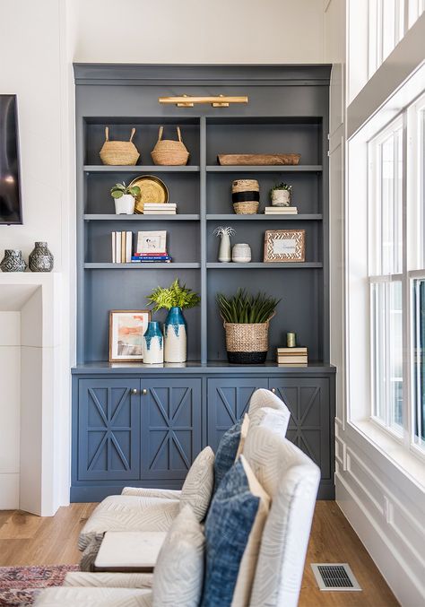 blue built in shelves storage in living room Coastal Calm, Built In Shelves Living Room, Rooms Design, Living Tv, Maine Cottage, House Updates, Paint Color Inspiration, Masculine Design, Beautiful Rooms