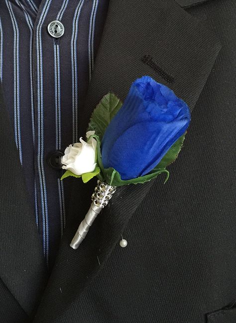 Boutonniere - Royal Blue White Rose with White Mini Rose >>> Learn more by visiting the image link. 1920s Prom, White Tuxedo Wedding, Blue Corsage, White Rose Boutonniere, Blue Boutonniere, Gray Ribbon, Wedding Color Pallet, Prom Corsage, Ribbon Pin