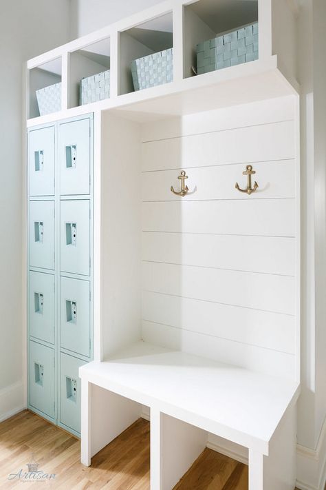 New 2017 Interior Design Tips and Ideas   Mudroom with turquoise lockers painted in “Sherwin Williams Waterscape”. Pool Entryway Ideas, Pool House Storage, Armoire Entree, Apartment Things, Laundry Room/mud Room, Mudroom Entryway, Mudroom Design, Cape House, Beach Room