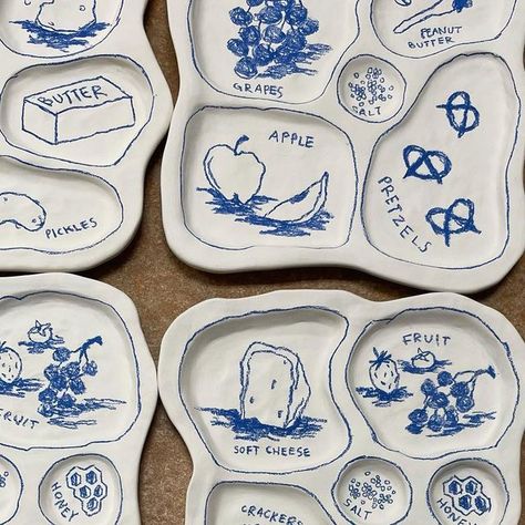 frankie on Instagram: "progress pics of some snacky plates. one more kiln firing and then they are ready 4 snacking 🧀🥨🐟🍯🧈 kinda crazy to think about how i’m going to cover that table (or two) entirely with plates in the next few weeks" Funny Ceramic Plates, Cool Ceramic Plates, Ceramic Snack Plate, Handmade Ceramic Plate, Clay Plates Design, Ceramics Plate, Color Me Mine, Clay Plates, Ceramic Glaze Recipes