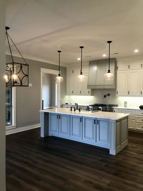 Wall Color: Sherwin Williams, Colonnade Gray SW 7641 Ceilings: Seapearl SW OC-19 Cabinets:  White Dove SW OC-17 Island and Hood: Dorian Gray SW 7017 with chocolate glaze Sw Dorian Gray Cabinets, Sherwin Williams Dovetail Gray Cabinets, Sw 7018 Dovetail, Sw 7017 Dorian Gray, Sw Popular Gray 6071 Color Schemes, Kitchen Rehab, Farmhouse Paint Colors, Diy Kitchen Renovation, Kitchen Cabinets Makeover