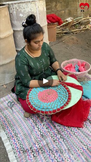 Reuse Of Old Clothes, Old Clothes Reuse Ideas, Reuse Old Clothes Diy Craft Ideas, Old Lehenga Reuse Ideas, Doormat Diy, Door Mats From Old Clothes, Old Yoga Mat Reuse, Umbrella Fabric Reuse, Arti Thali Decoration