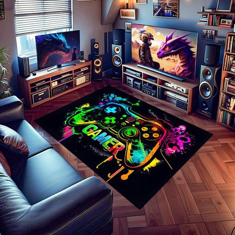 PRICES MAY VARY. 1. Perfect Size: This game room rug measures 36x24inches (90x60cm), providing ample space for gaming and adding a stylish touch to any room. 2. Game-Themed Design: Featuring a unique game-themed design, this gamer carpet adds a cool and vibrant atmosphere to your gaming setup. 3. Versatile Use: Suitable for various spaces including boys' bedrooms, game rooms, gaming dens, and even e-sports rooms, this gaming rug is perfect for any gamer. 4. Premium Quality: Made from high-qualit Bedroom And Gaming Room, Sports Rooms, Gaming Rug, Sports Room, Game Rooms, House Decorations, E Sports, Games To Buy, Gaming Room