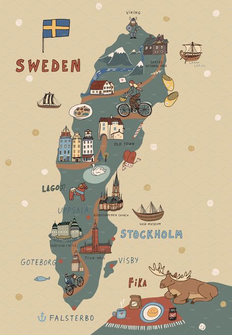 Map Of Scandinavia, Map Of Sweden, Sweden Infographic, Sweden Travel Aesthetic, Sweden Drawing, Sweden Illustration, Sweden Culture, Sweden Wallpaper, Sweden Itinerary