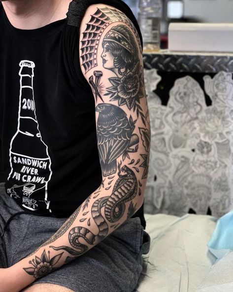 #Tattoos, Traditional Tattoo Arm, Traditional Tattoo Black And Grey, Old School Tattoo Sleeve, Traditional Tattoo Black And White, Traditional Tattoo Man, Tato Flash, Black And Grey Sleeve, Tato Tradisional, Mangas Tattoo