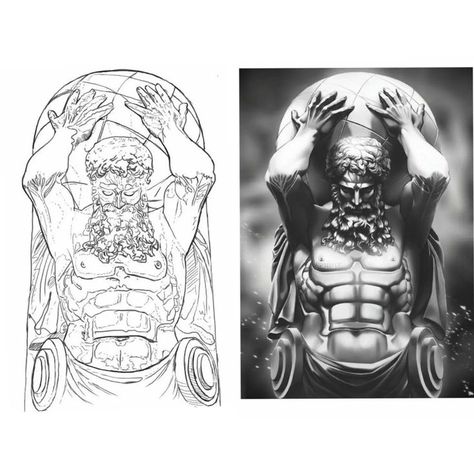 Tattoo Stencil Ideas, Tattoo Greek Mythology, Hercules Tattoo, Egyptian Eye Tattoos, Back Of Leg Tattoos, Atlas Tattoo, Poseidon Tattoo, Zeus Tattoo, Medusa Tattoo Design