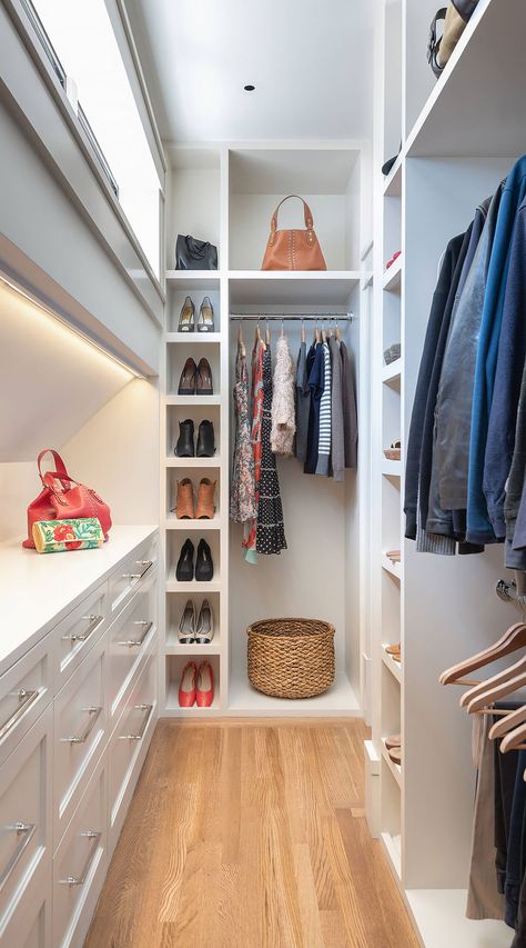 62+ Luxury Walk in Closet ( ORGANIZED LOOK ) - Elegant Closets Small Walkin Closet Ideas Layout, Long Narrow Closet, Small Walkin Closet, Narrow Walk In Closet, Wardrobe Design Bedroom Modern, Walk In Closet Dimensions, Ideas Armario, Closet Wallpaper, Narrow Closet