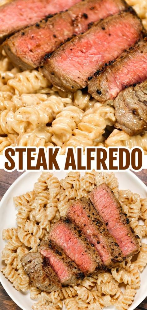 Steak Alfredo is an easy dinner recipe with creamy garlic parmesan pasta topped with tender slices of eye of round steak. Dinners For Two Pasta, New Diner Ideas, Different Steak Dinner Ideas, Non Pasta Dinner Ideas, Easy Entrees For Two, Steak And Parmesan Pasta, Steak Onions And Peppers Easy Recipes, Dinner With Steak Meat, Grilled Meat Ideas Dinners